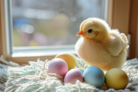 Spring chickens are hatching eggs in the nest,outside world is in a beautiful spring. Happy Easterの素材