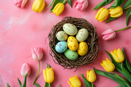 Easter eggs in basket on colored table with yellow Tulips. background top view. Happy Easterの素材