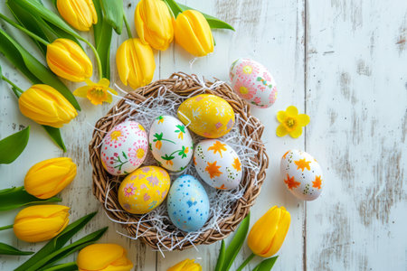 Easter eggs in basket on colored table with yellow Tulips. background top view. Happy Easterの素材