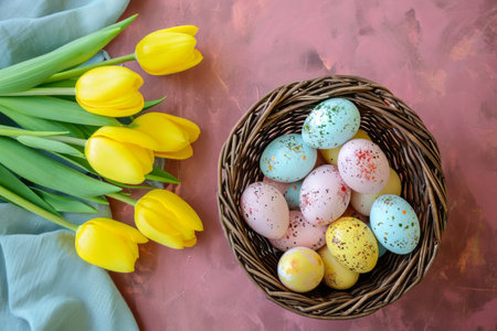 Easter eggs in basket on colored table with yellow Tulips. background top view. Happy Easterの素材
