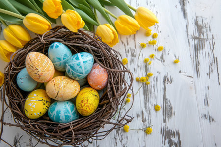 Easter eggs in basket on colored table with yellow Tulips. background top view. Happy Easterの素材
