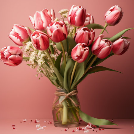 A tulip bouquet with March 8 inscription. Happy March 8th. Womens Day. Mothers Day. Happy Easterの素材