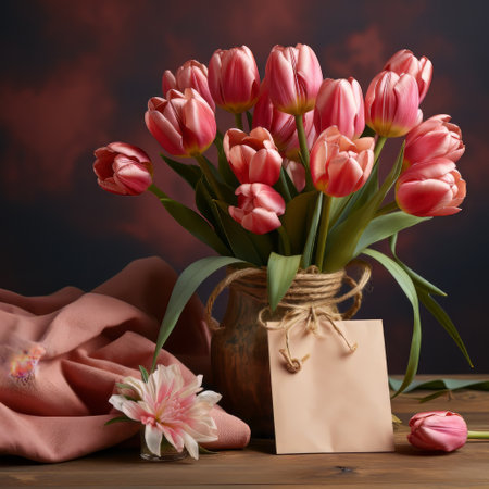 A tulip bouquet with March 8 inscription. Happy March 8th. Womens Day. Mothers Day. Happy Easterの素材