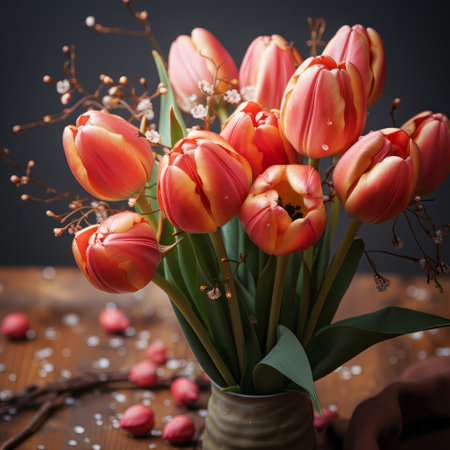 A tulip bouquet with March 8 inscription. Happy March 8th. Womens Day. Mothers Day. Happy Easterの素材