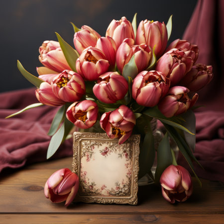 A tulip bouquet with March 8 inscription. Happy March 8th. Womens Day. Mothers Day. Happy Easterの素材