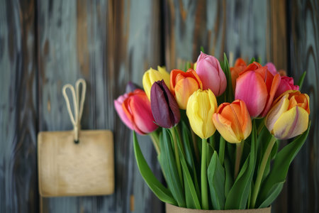 A tulip bouquet with March 8 inscription. Happy March 8th. Womens Day. Mothers Day. Happy Easterの素材