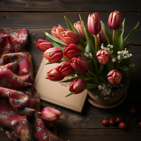 A tulip bouquet with March 8 inscription. Happy March 8th. Womens Day. Mothers Day. Happy Easterの素材