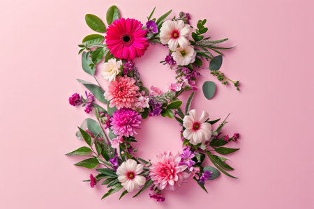 8 March.Happy Womens Day. Flower and leaves spring holiday background with number 8の素材