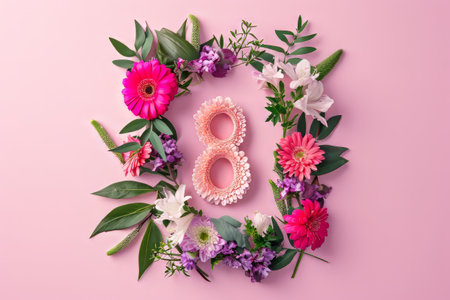 8 March.Happy Womens Day. Flower and leaves spring holiday background with number 8の素材