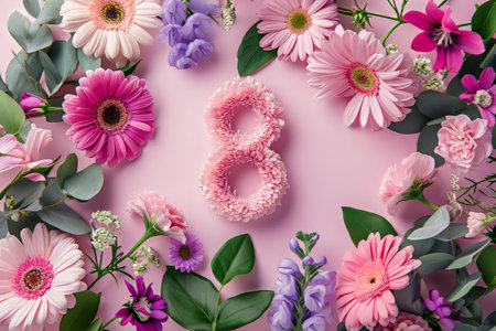 8 March.Happy Womens Day. Flower and leaves spring holiday background with number 8の素材