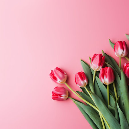 Bouquet of red tulips on the left on a pink background. March 8, Womens Day, Mothers Dayの素材