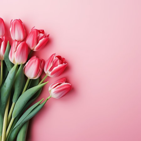 Bouquet of red tulips on the left on a pink background. March 8, Womens Day, Mothers Dayの素材