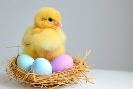 Spring chickens are hatching eggs in the nest,outside world is in a beautiful spring. Happy Easterの素材