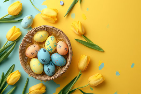 Easter eggs in basket on colored table with yellow Tulips. background top view. Happy Easterの素材