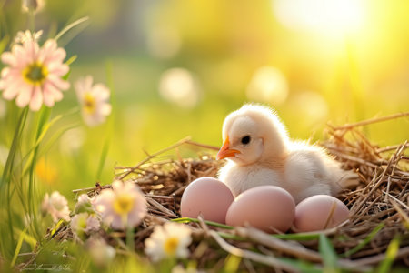 Spring chickens are hatching eggs in the nest,outside world is in a beautiful spring. Happy Easterの素材