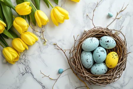 Easter eggs in basket on colored table with yellow Tulips. background top view. Happy Easterの素材