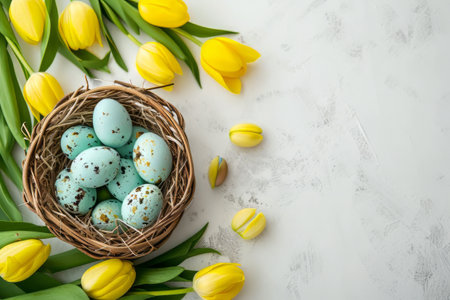 Easter eggs in basket on colored table with yellow Tulips. background top view. Happy Easterの素材