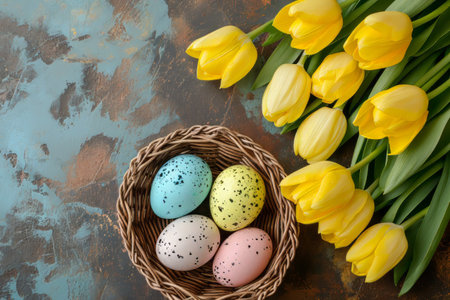 Easter eggs in basket on colored table with yellow Tulips. background top view. Happy Easterの素材