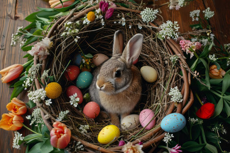 Easter bunnies, colorful eggs, and joyful springtime festivities. Happy Easterの素材