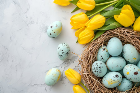Easter eggs in basket on colored table with yellow Tulips. background top view. Happy Easterの素材