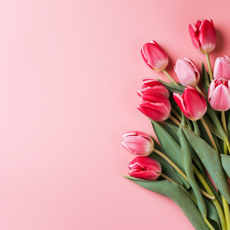 Bouquet of red tulips on the left on a pink background. March 8, Womens Day, Mothers Dayの素材