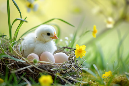 Spring chickens are hatching eggs in the nest,outside world is in a beautiful spring. Happy Easterの素材