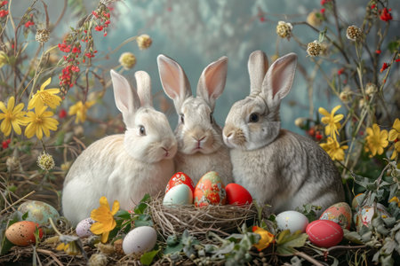 Easter bunnies, colorful eggs, and joyful springtime festivities. Happy Easterの素材