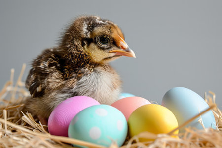 Spring chickens are hatching eggs in the nest,outside world is in a beautiful spring. Happy Easterの素材