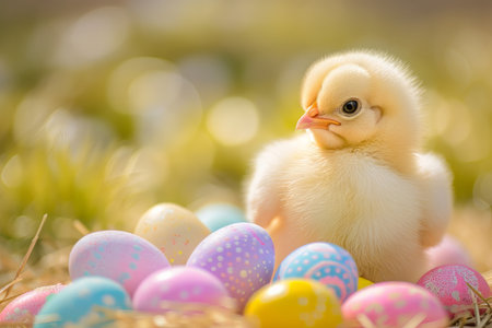 Spring chickens are hatching eggs in the nest,outside world is in a beautiful spring. Happy Easterの素材
