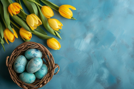 Easter eggs in basket on colored table with yellow Tulips. background top view. Happy Easterの素材