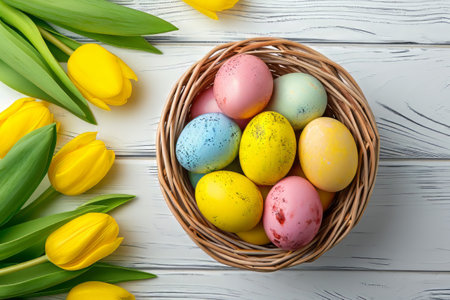 Easter eggs in basket on colored table with yellow Tulips. background top view. Happy Easterの素材