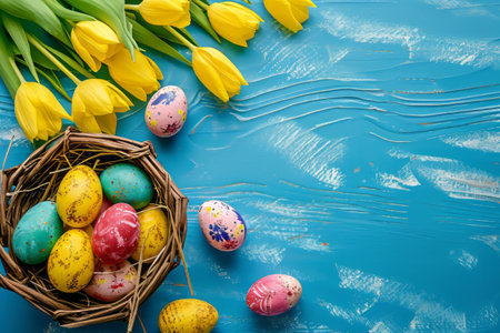 Easter eggs in basket on colored table with yellow Tulips. background top view. Happy Easterの素材