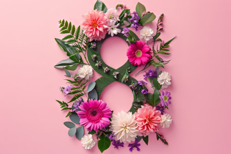 8 March.Happy Womens Day. Flower and leaves spring holiday background with number 8の素材