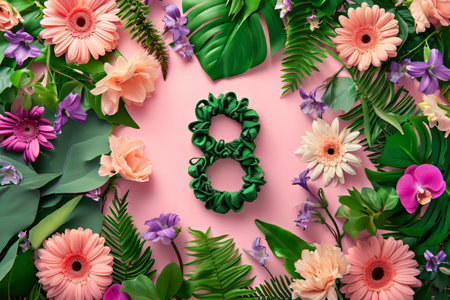 8 March.Happy Womens Day. Flower and leaves spring holiday background with number 8の素材