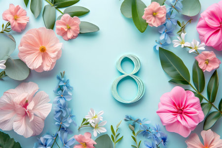 8 March.Happy Womens Day. Flower and leaves spring holiday background with number 8の素材