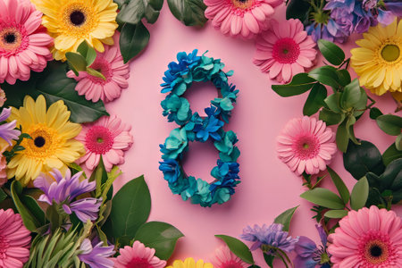 8 March.Happy Womens Day. Flower and leaves spring holiday background with number 8の素材