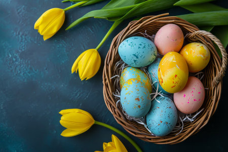 Easter eggs in basket on colored table with yellow Tulips. background top view. Happy Easterの素材