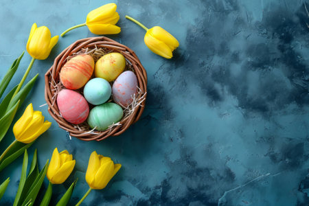 Easter eggs in basket on colored table with yellow Tulips. background top view. Happy Easterの素材
