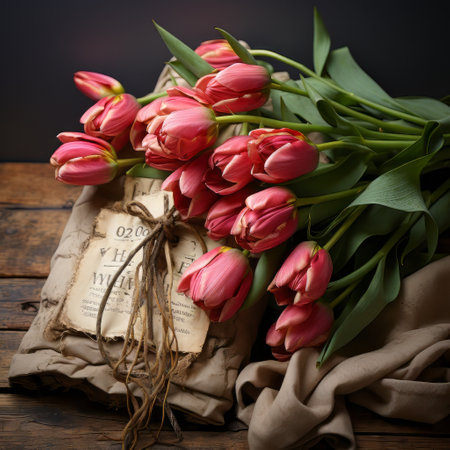 A tulip bouquet with March 8 inscription. Happy March 8th. Womens Day. Mothers Day. Happy Easterの素材
