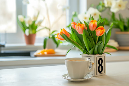 calendar with date 8 MARCH, flowers and cup on dining table. International Womens Day celebrationの素材