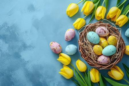 Easter eggs in basket on colored table with yellow Tulips. background top view. Happy Easterの素材