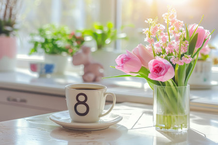 calendar with date 8 MARCH, flowers and cup on dining table. International Womens Day celebrationの素材