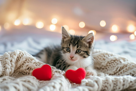 Valentines Day cat. Small kitten playing with red hearts on light white blanket on bedの素材
