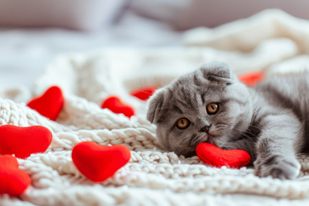 Valentines Day cat. Small kitten playing with red hearts on light white blanket on bedの素材
