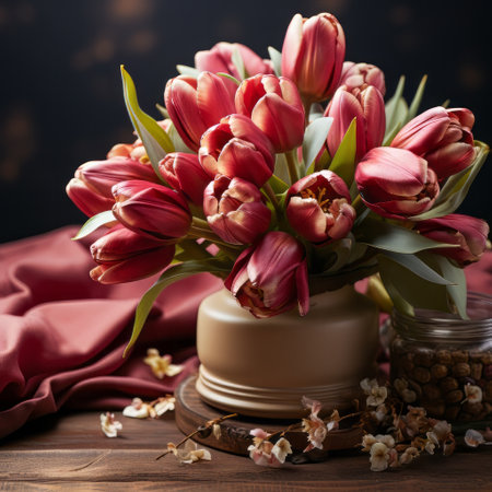 A tulip bouquet with March 8 inscription. Happy March 8th. Womens Day. Mothers Day. Happy Easterの素材