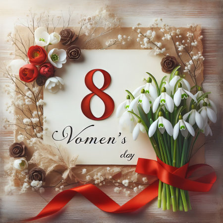 March 8 concept. Womens Day. Greeting card. Number 8, snowdrops with red ribbonの素材