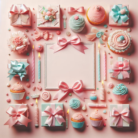 Birthday. Frame from holiday cupcakes. Place for text in the centerの素材
