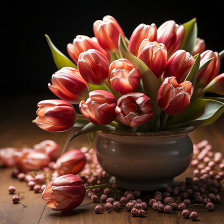 A tulip bouquet with March 8 inscription. Happy March 8th. Womens Day. Mothers Day. Happy Easterの素材