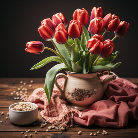 A tulip bouquet with March 8 inscription. Happy March 8th. Womens Day. Mothers Day. Happy Easterの素材