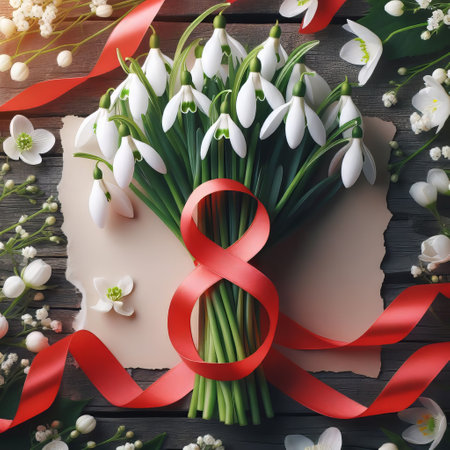 March 8 concept. Womens Day. Greeting card. Number 8, snowdrops with red ribbonの素材